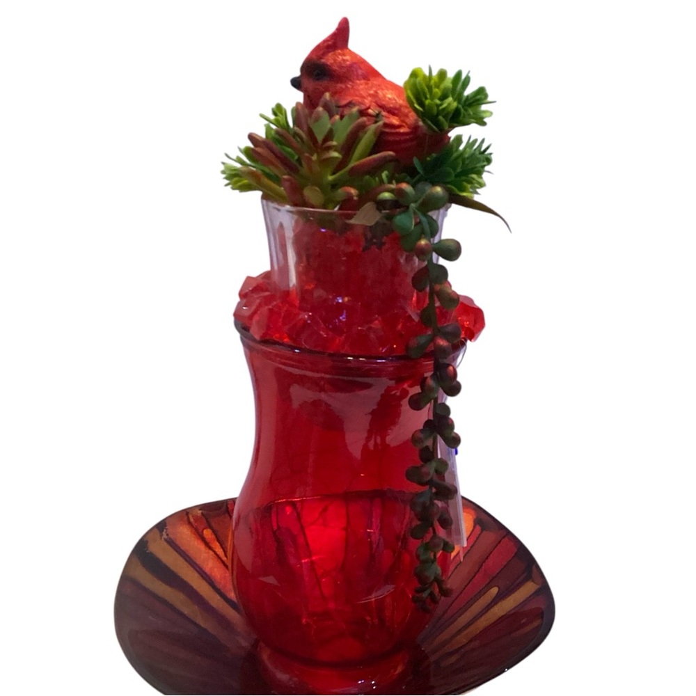 Red Glass Lighted Cardinal Centerpiece Vase Plate Set LED Fairy Lights - Picture 6 of 7